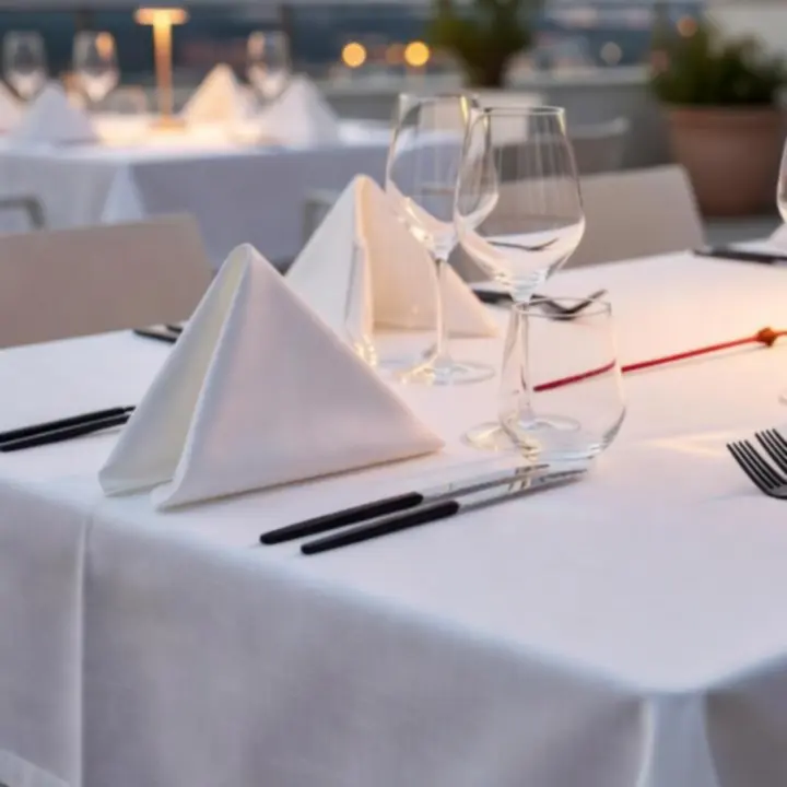 Elegánsan megterített teraszasztalok lágy esti fényekkel és piros díszítéssel