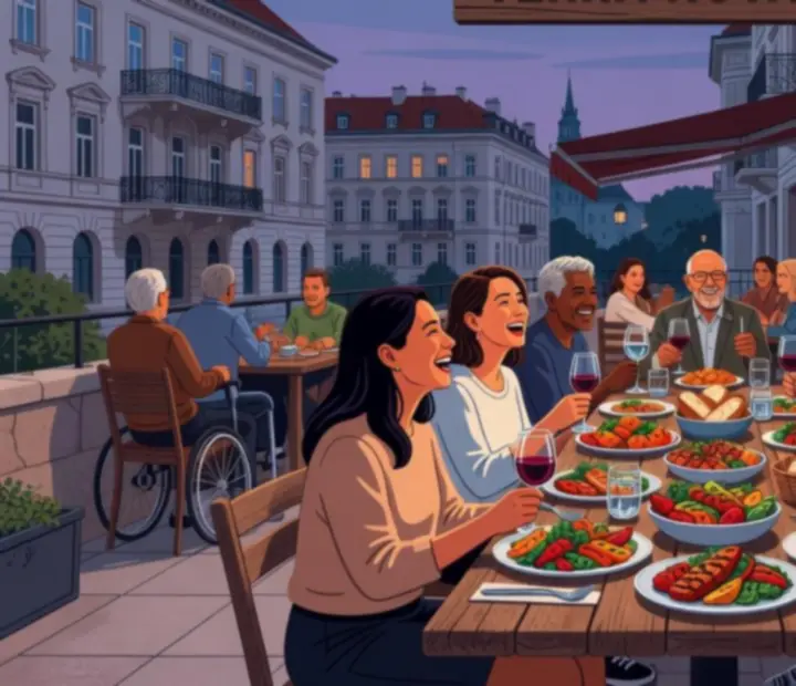 Esti teraszkép vendégekkel, meleg fénnyel és rendezett terítéssel