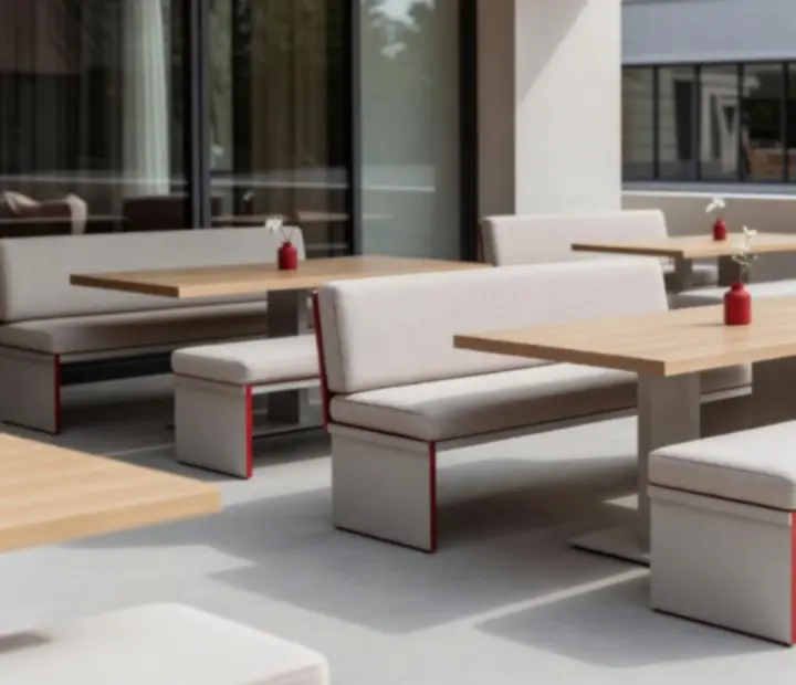 Modern, minimalista teraszdesign letisztult bútorokkal a kaszinó szomszédságában