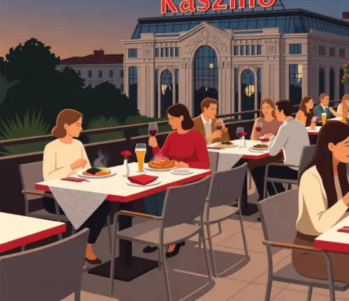Teraszasztalok alkonyatkor a kaszinó szomszédságában, meleg esti fénnyel megvilágítva
