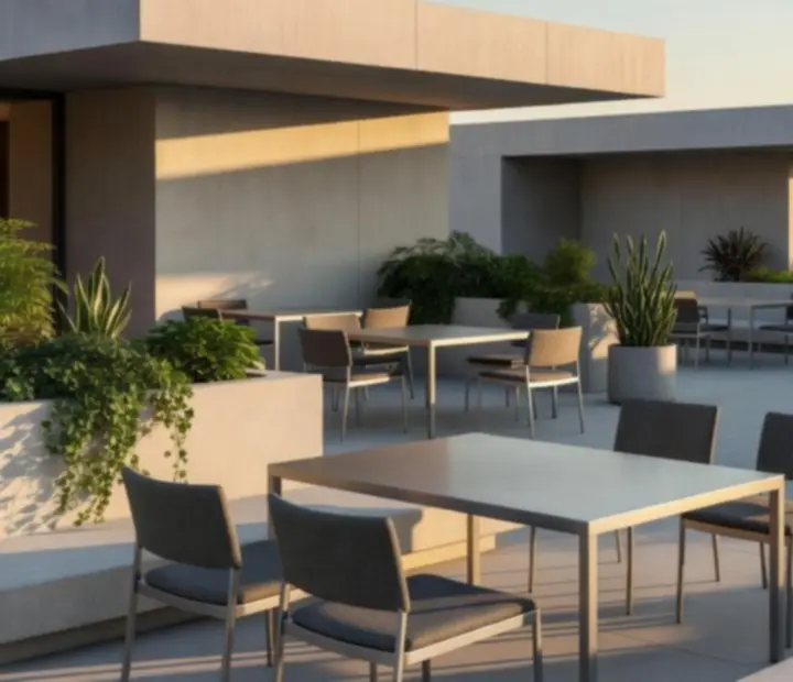 Minimalista terasz architektúra, rendezett asztalokkal és zöld növényzettel