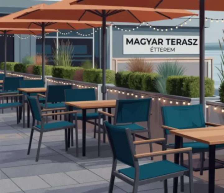 Modern napernyők, növények és letisztult teraszrészletek a Duna partján.
