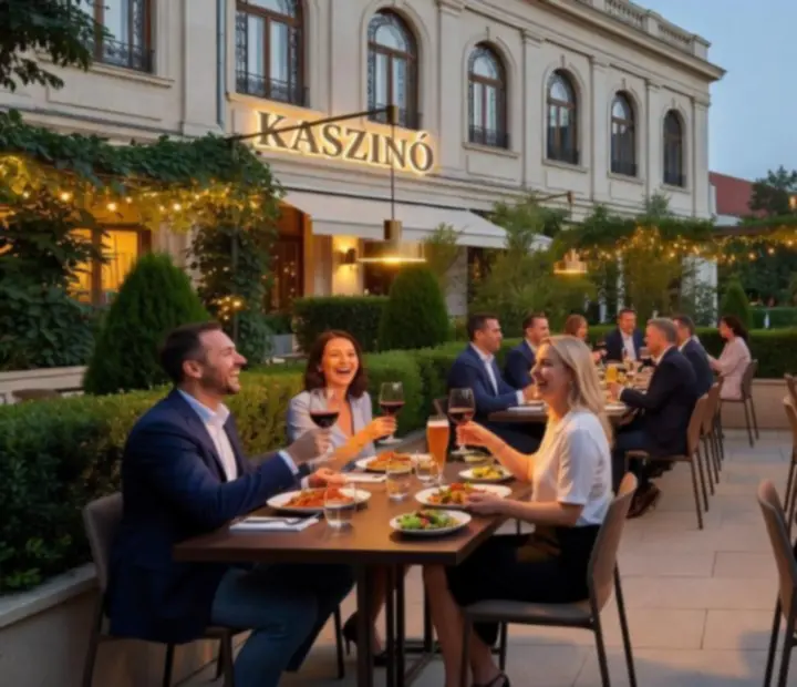 Esti fényben, a Dunára néző, elegánsan megterített teraszasztalok csoportok számára.